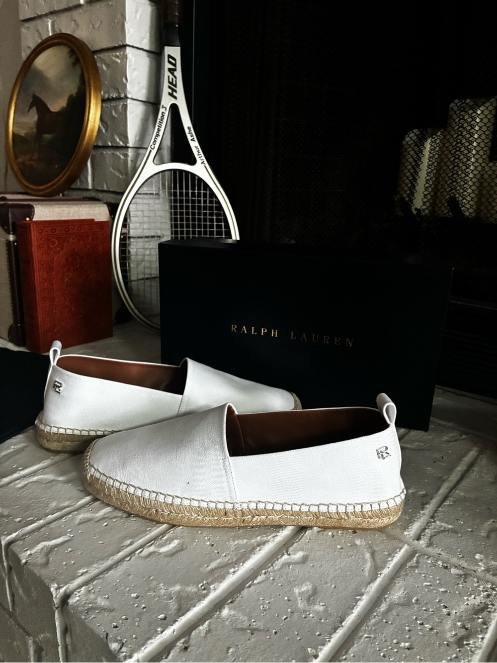 Ralph Lauren Purple Label White Leather Espadrille Slip-Ons with Jute Sole